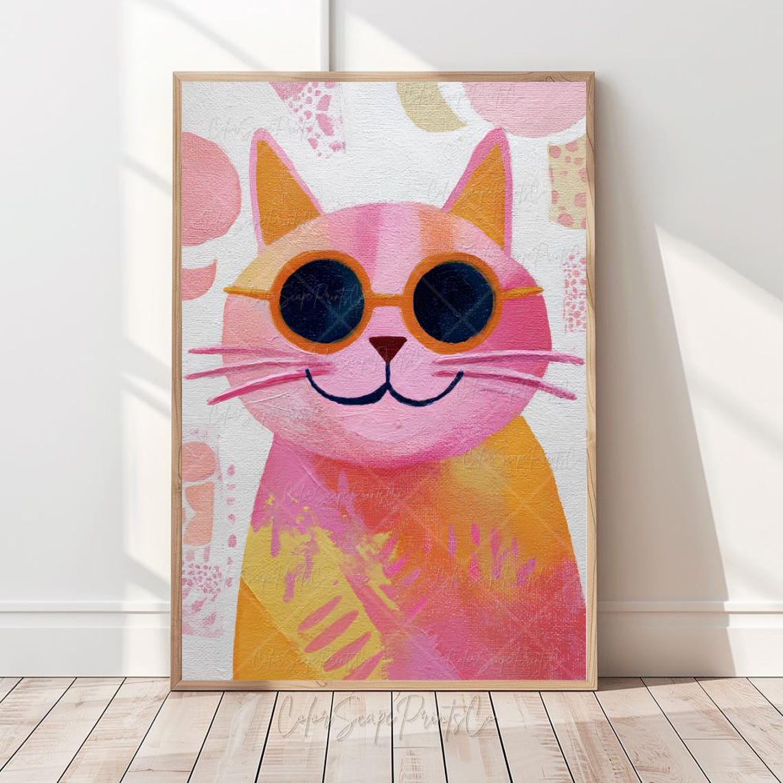 Cool Pink Cat with Sunglasses Whimsical Nursery Animal Art Poster