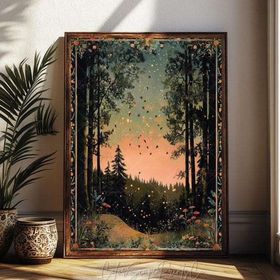 Dark Forest Painting Moon And Stars Wall Art Enchanted Firefly Night Vintage Landscape Print Green