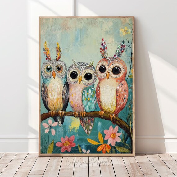 Owl Painting Spring Animal Print Colorful Whimsical Nature Forest Nursery Art Gift For Her Over The Bed Decor