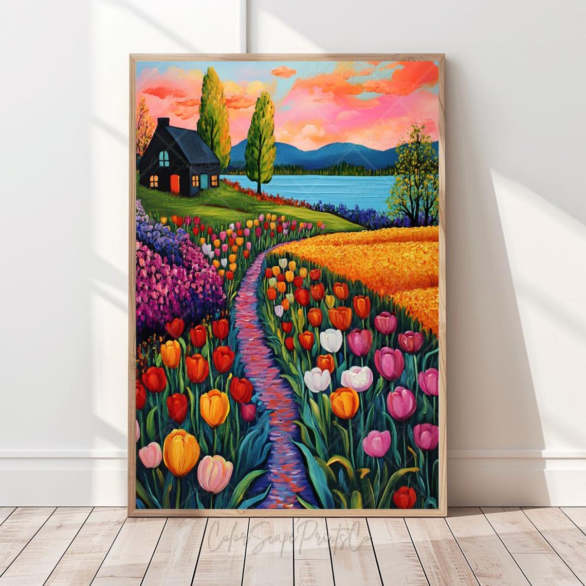 Vibrant Tulip Field Landscape With Lakeside Cabin At Sunset Poster