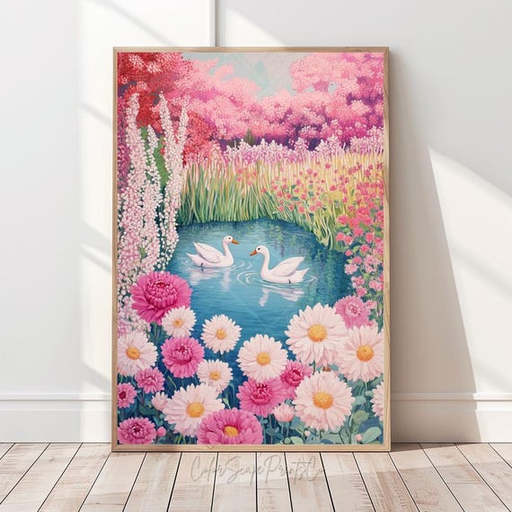 Swan Lake Art Print Pastel Flower Pond Wall Colorful Garden Painting Pink Illustration Forest Summer Nature Landscape