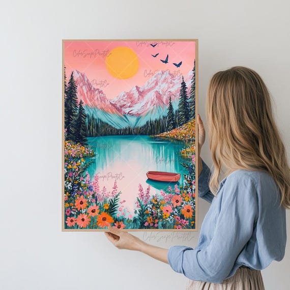 Pink Sunset Lake Art Print Colorful Nature Poster Mountain Summer Landscape Vibrant Cabin Decor