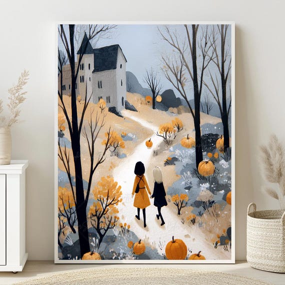 Autumn Village Landscape Print Cozy Fall Pumpkin Field