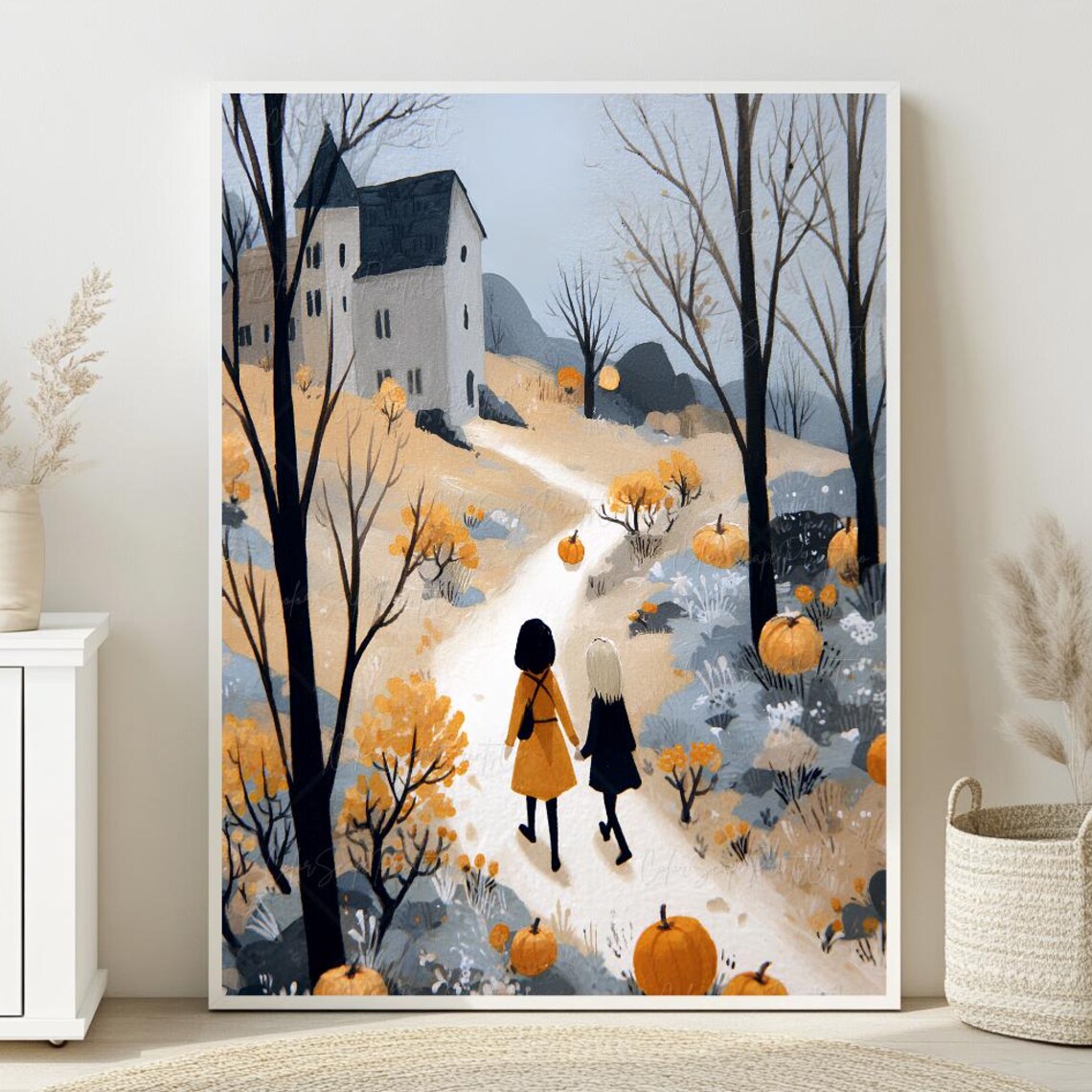 Two Girls Walking Pumpkin Path Autumn Village Fall Landscape Poster
