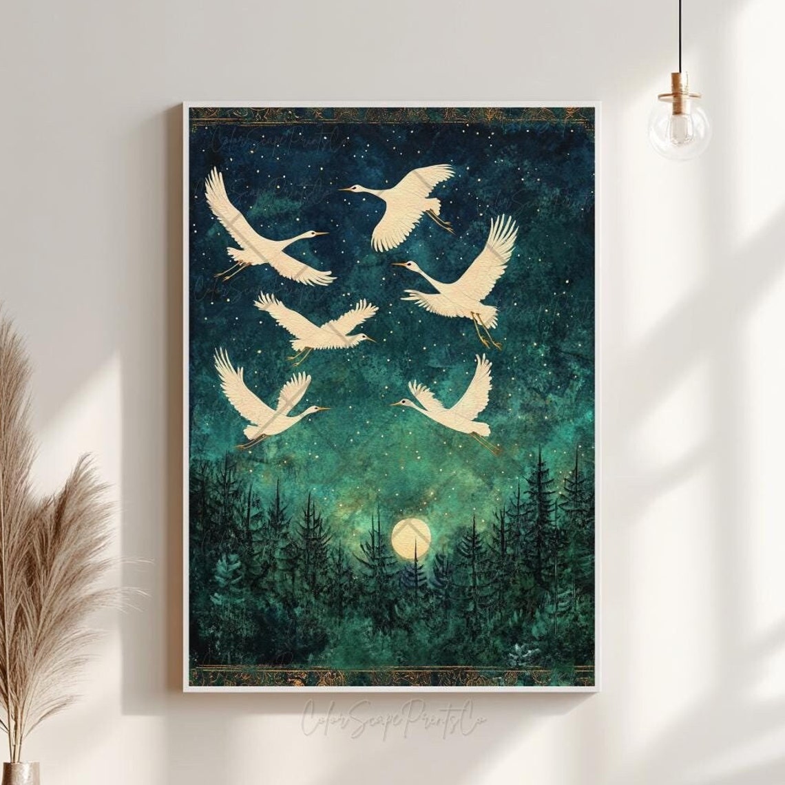 Seven White Cranes Flying Over Moonlit Pine Forest Night Poster