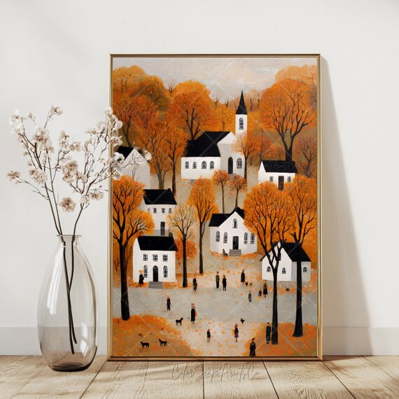 Cozy Autumn Village With Church Among Orange Trees Folk Poster