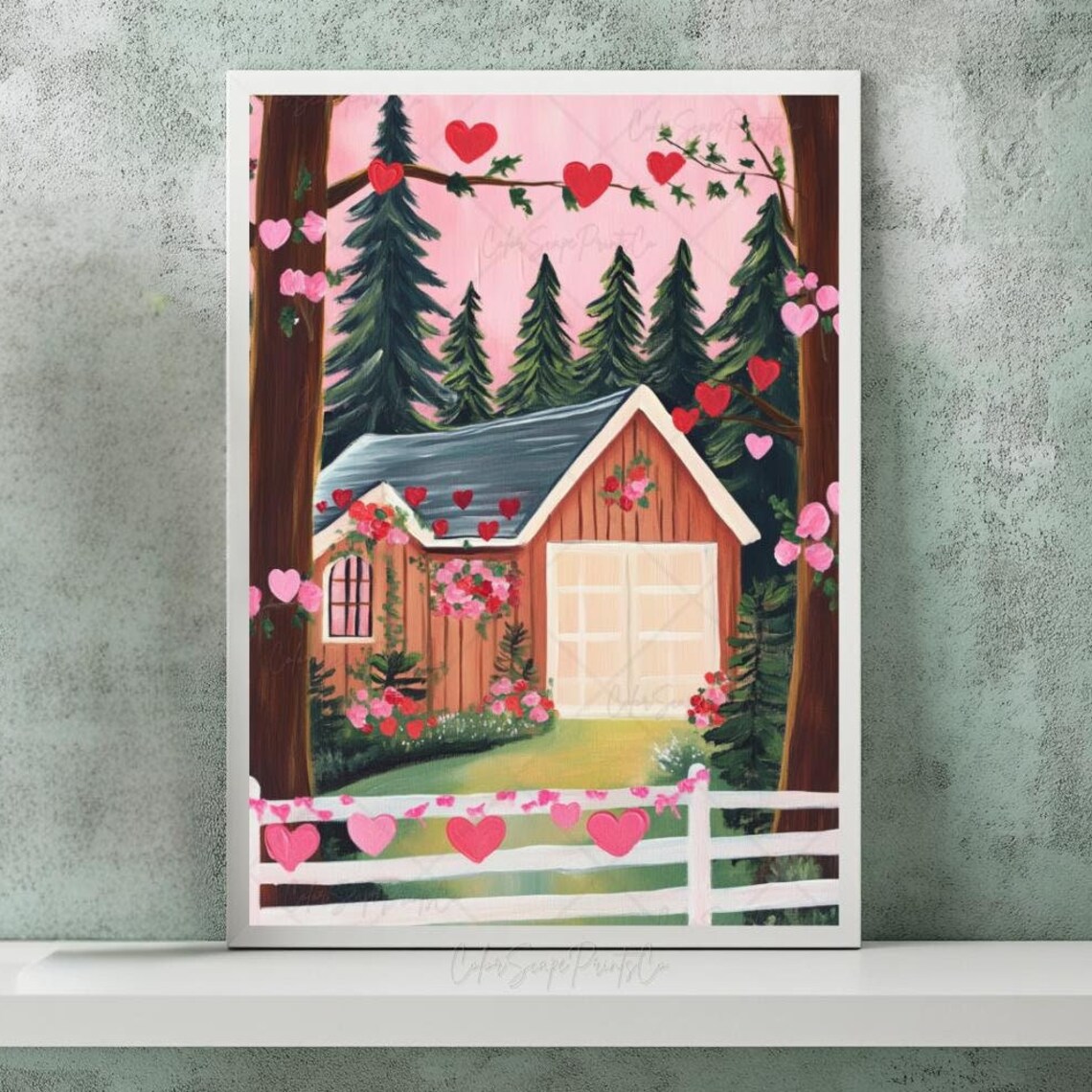Red Barn Cabin With Hearts Pink Sky Woodland Valentine Poster