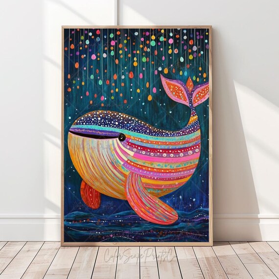 Smiling Rainbow Whale Underwater Colorful Kids Nursery Poster