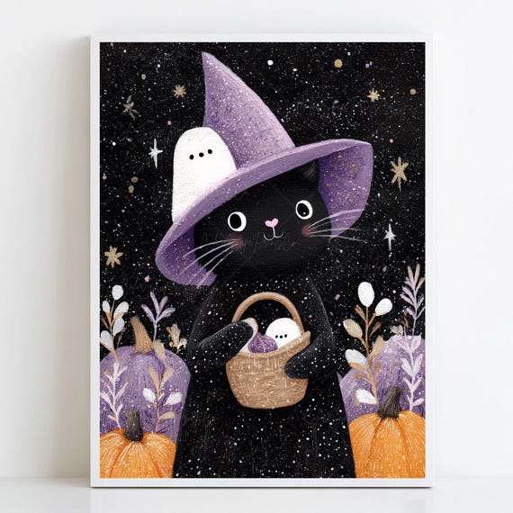 Cute Halloween Black Cat Wall Art Nursery Print Spooky Starry Night Decor And Pumpkins Trick Or Treat Candy Basket
