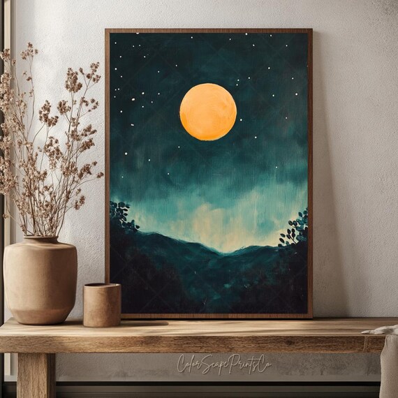 Moon And Stars Wall Art Dark Forest Painting Enchanted Decor Starry Night Sky Print Blue Gold Poster