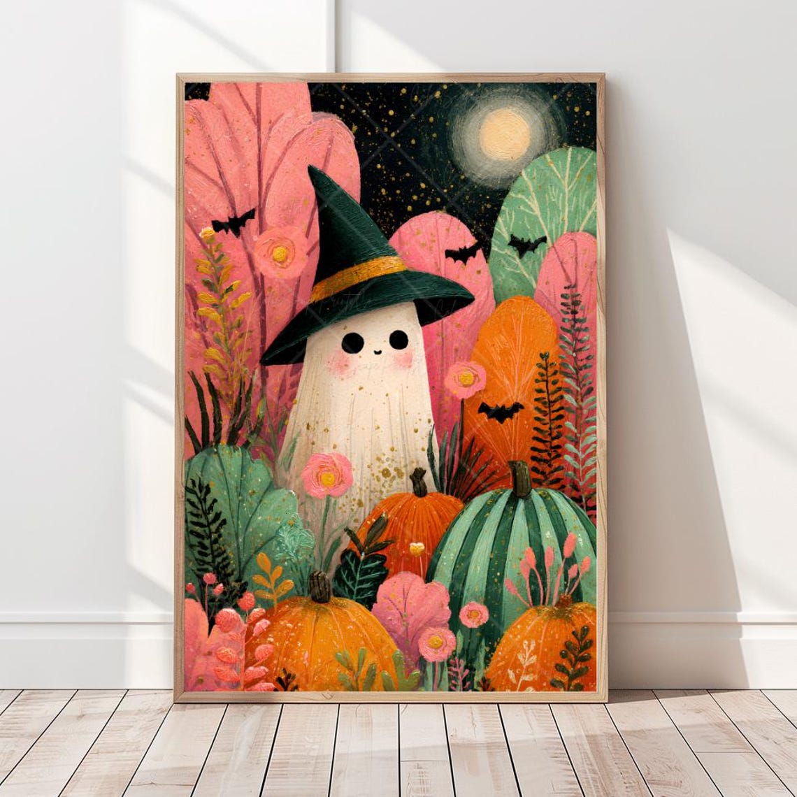 Cute Little Ghost With Witch Hat In Pink Pumpkin Patch Poster