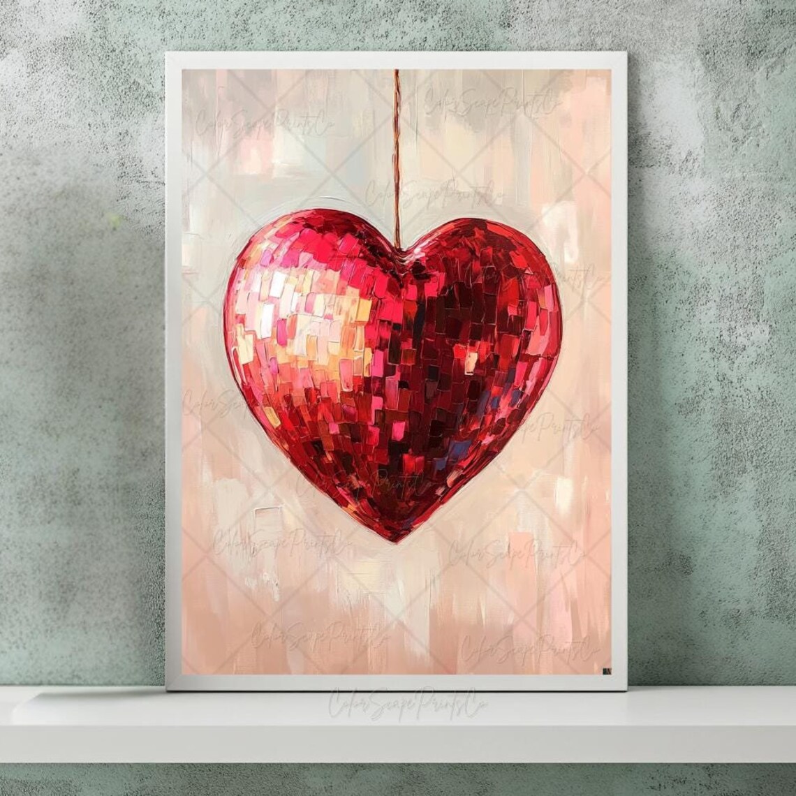 Red Heart Disco Ball Painting Mirror Heart Valentine Retro Wall Art