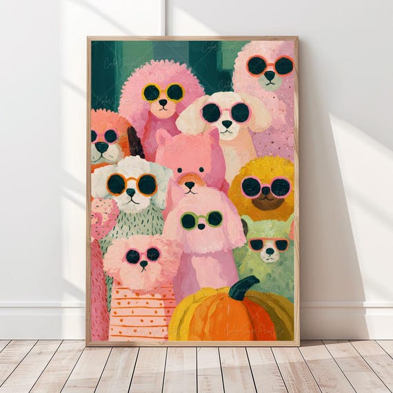 Funny Dog Wall Art Colorful Pastel Painting Dogs Wearing Sunglasses Print Cute Poodle Retro Cool Pet Portrait Whimsical Animal