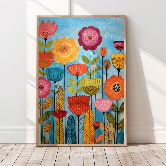Whimsical Colorful Flower Wall Art Vibrant Summer Flowers Modern Botanical Painting Bold Floral Folk Print For Nursery Boho Decor