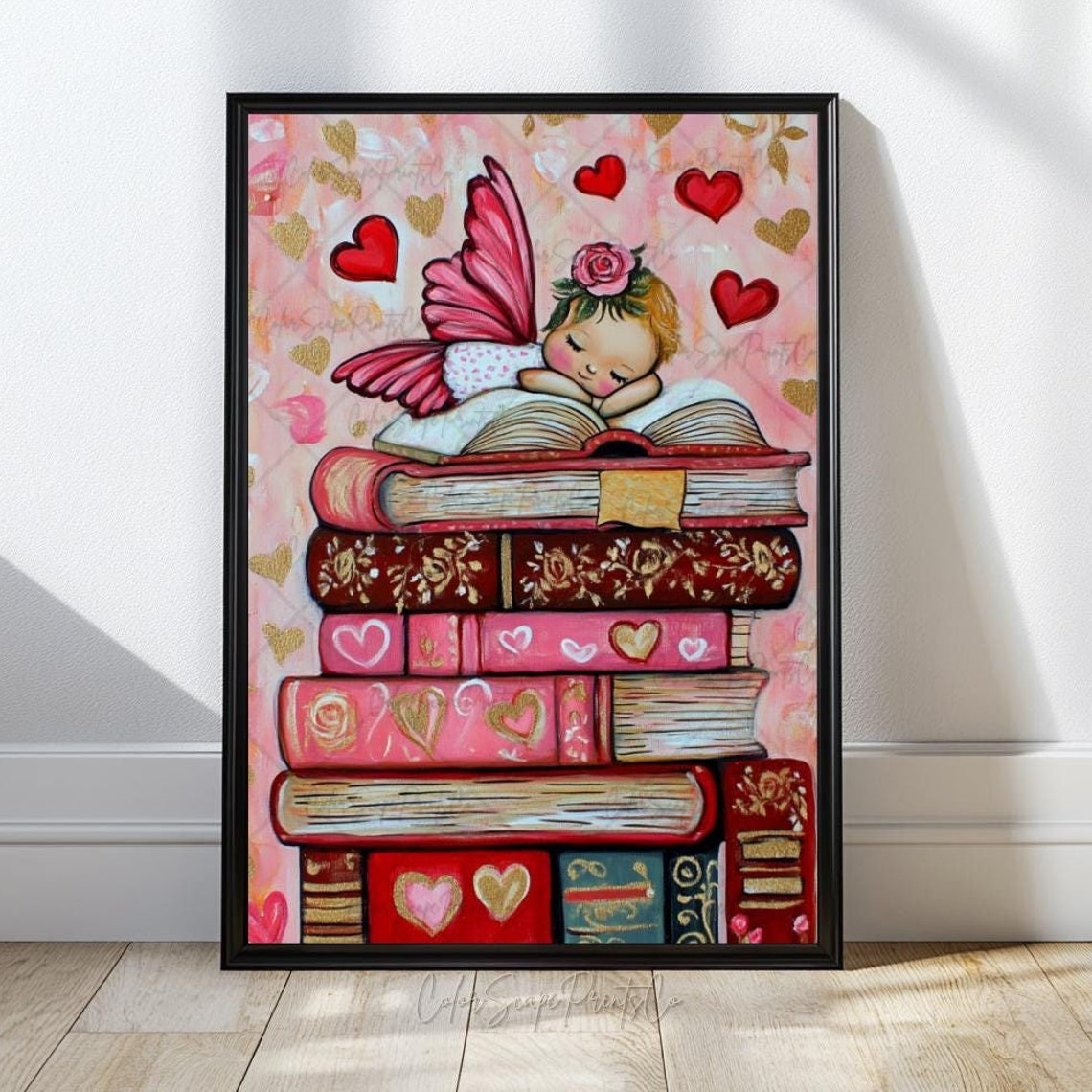 Sleeping Fairy Book Stack Painting Hearts Wings Pink Valentine Poster