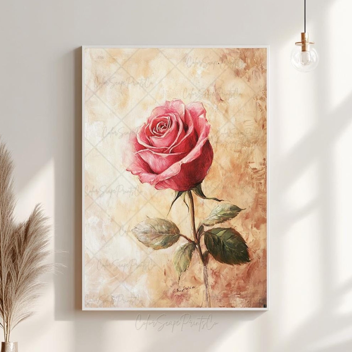 Red Rose Vintage Oil Painting Poster on Textured Warm Beige Background