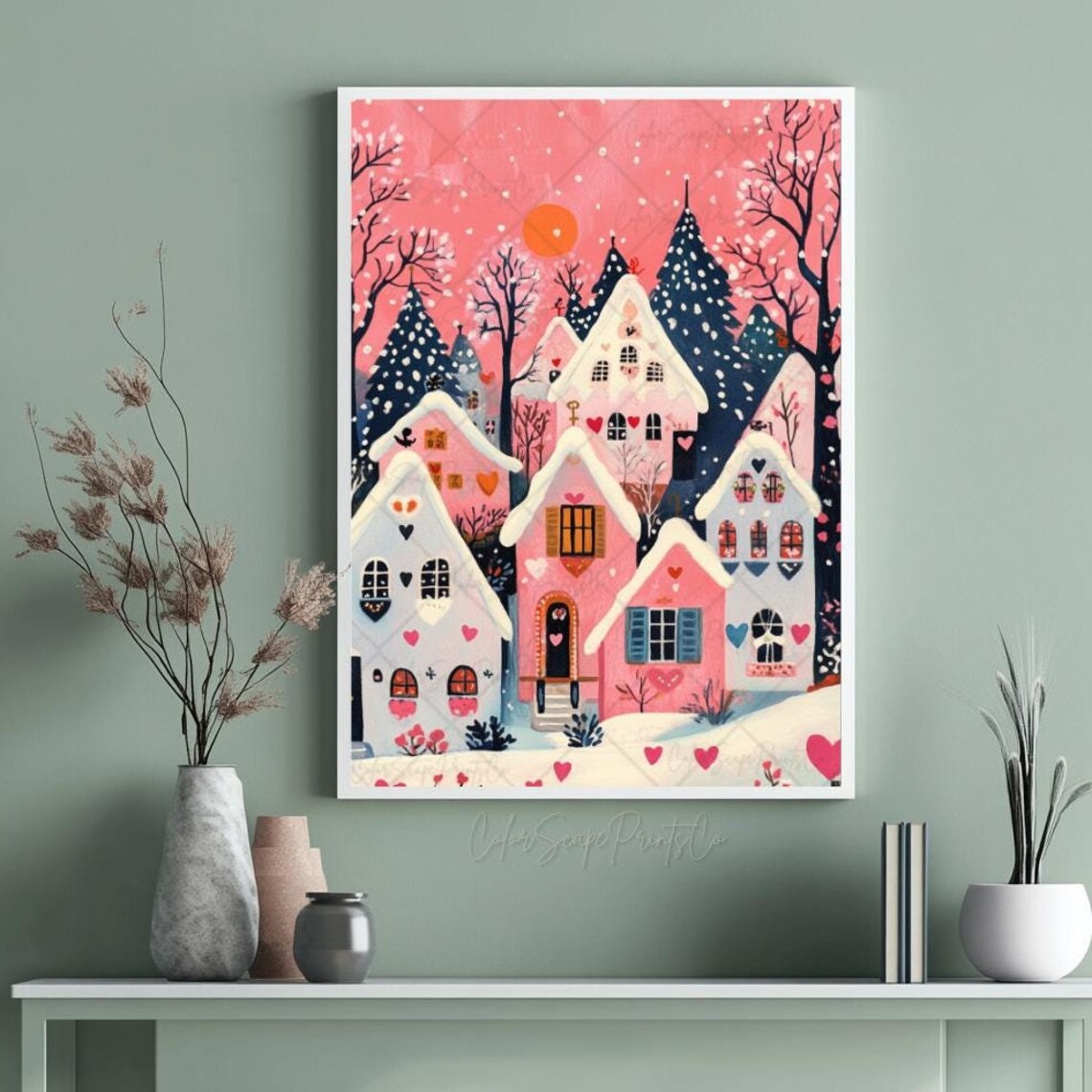 Pink Valentines House Print, Retro Winter Village - Image 3
