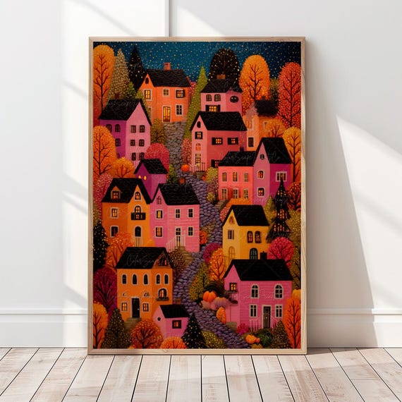 Autumn Village Painting Pink Landscape Art Print Cozy Fall Houses Wall Pumpkin Halloween Whimsical