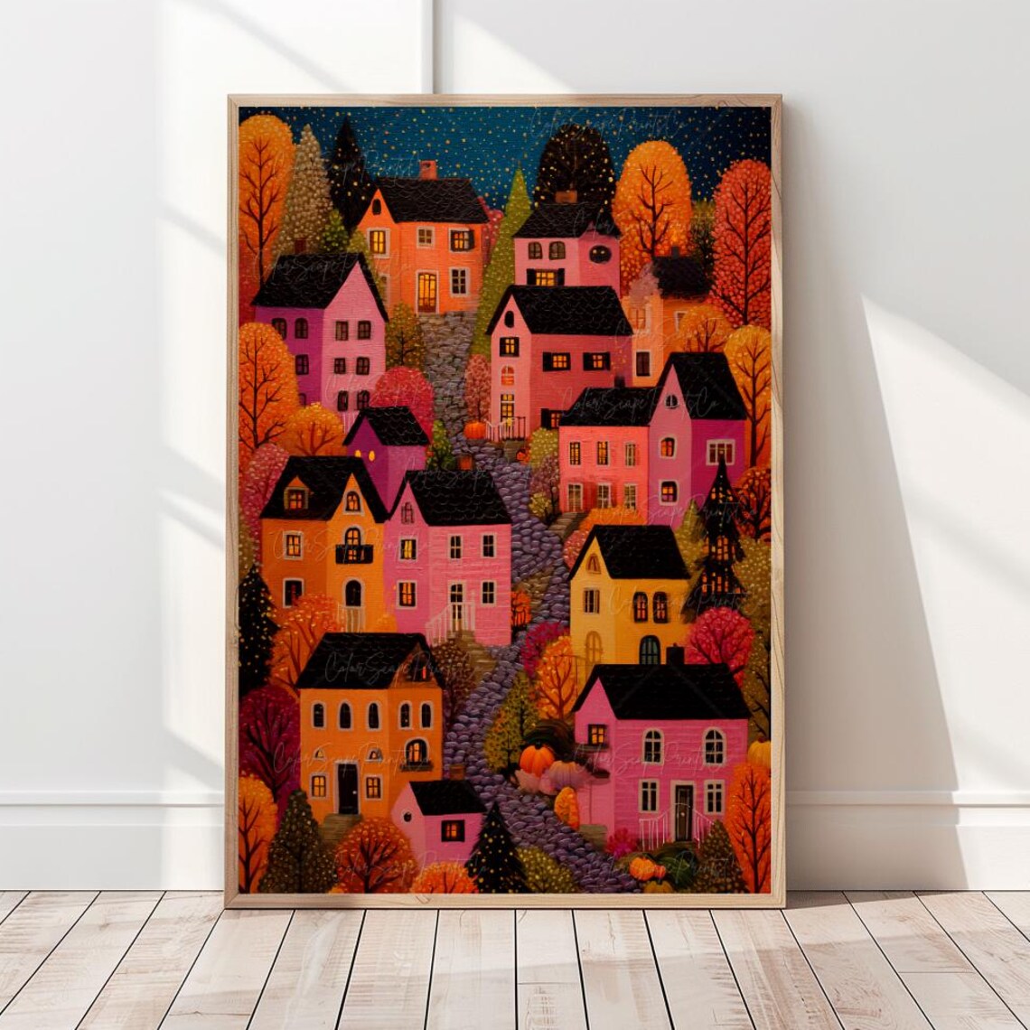 Cozy Autumn Village With Pink Houses Fall Night Scene Poster