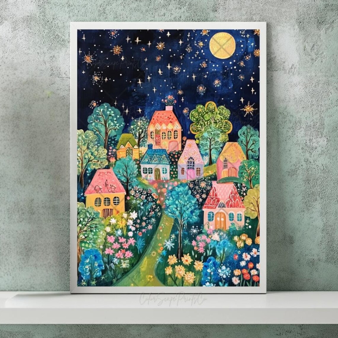 Storybook Village Under Full Moon Starry Night Cottages Poster