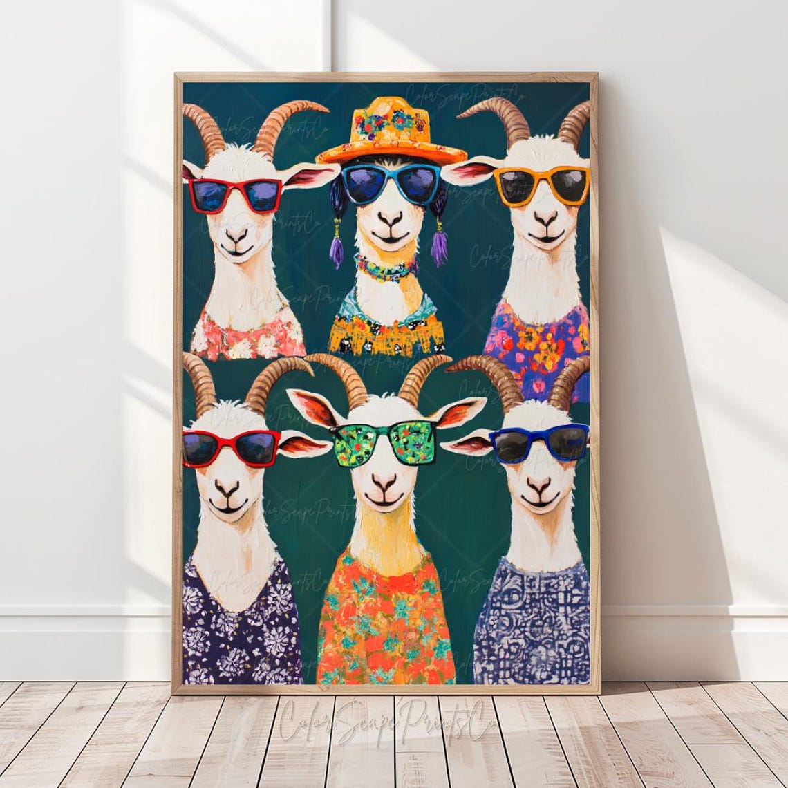 Funny Goat Wall Art Cute Goats In Sunglasses Print Animal Cowgirl Country Nursery Decor Western Farmhouse