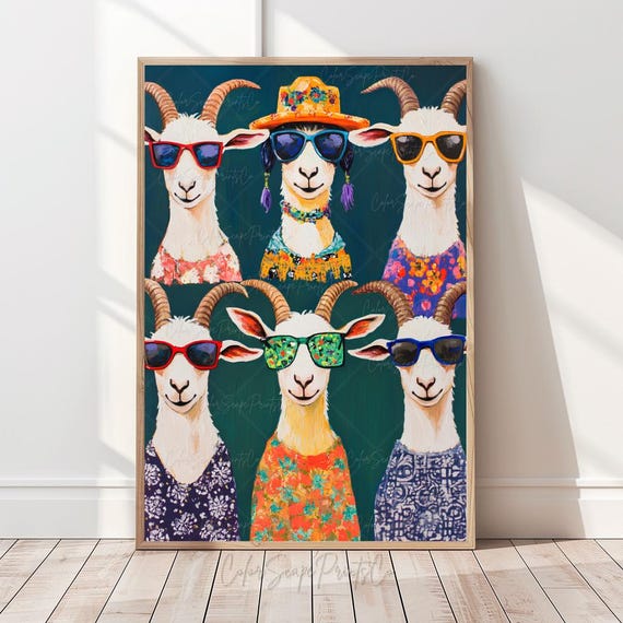 Funny Goat Wall Art Cute Goats In Sunglasses Print Animal Cowgirl Country Nursery Decor Western Farmhouse