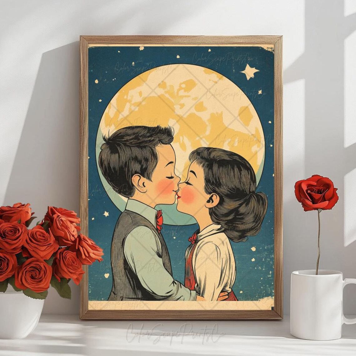 Vintage Retro Couple Kissing Under a Full Moon Night Sky Poster