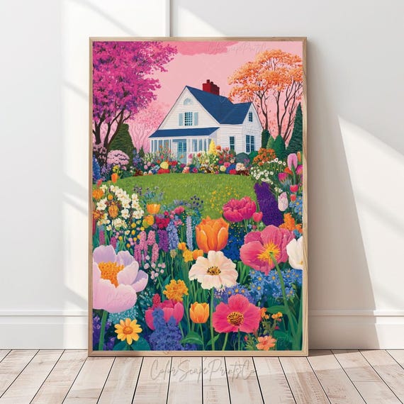 Summer Cottage Garden Print Whimsical Landscape Colorful Flower Illustration Vibrant Poster Spring Countryside