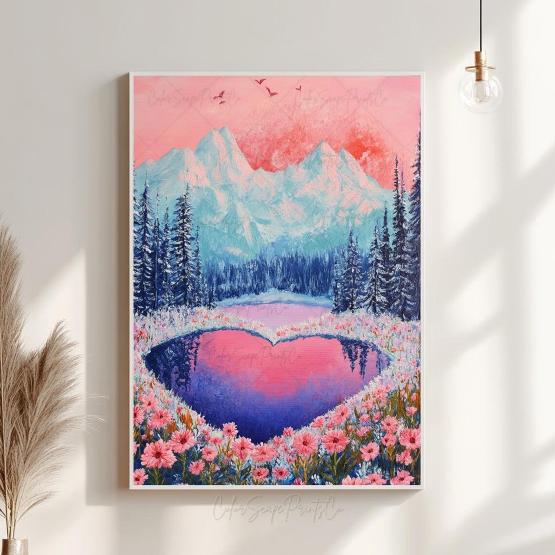 Heart Shaped Lake at Sunset Pink Mountains Wildflowers Poster