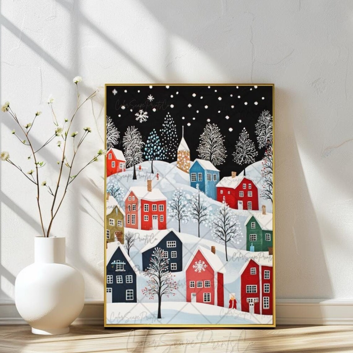 Snowy Christmas Village Night Colorful Houses Starry Sky Poster