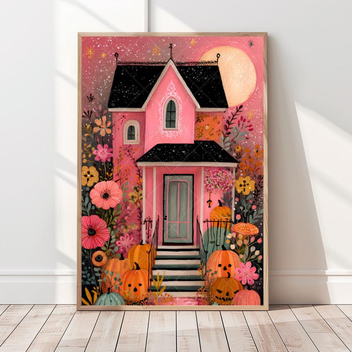 Whimsical Halloween House Wall Art Pink Haunted Cottage Print Jack O Lantern Pumpkin Night Decor Pastel Fall
