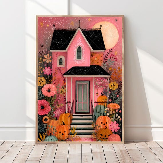 Whimsical Halloween House Wall Art Pink Haunted Cottage Print Jack O Lantern Pumpkin Night Decor Pastel Fall