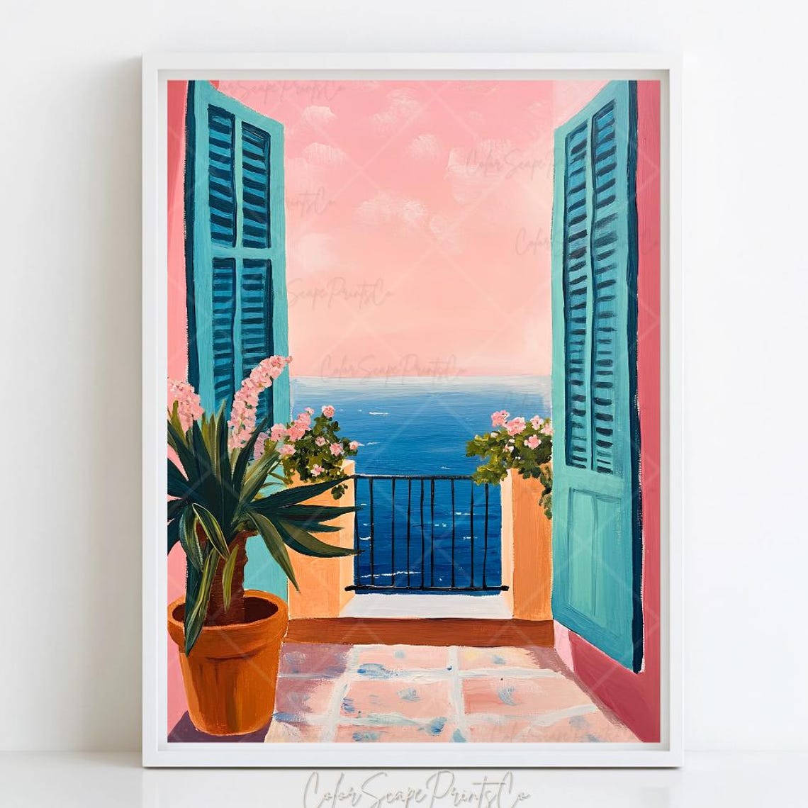 Mediterranean Window Sea View Poster Pink Sunset Balcony Shutters Art