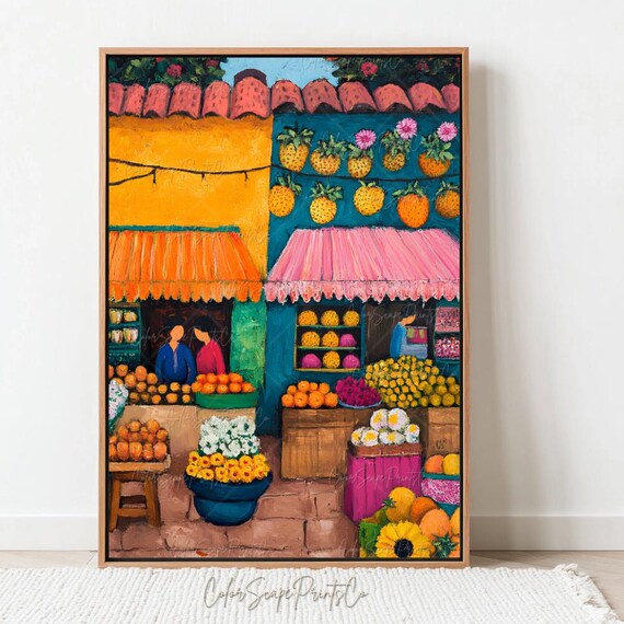 Mexican Market Scene Wall Art Colorful Spice Painting Mexico Illustration Print Latin South America Poster