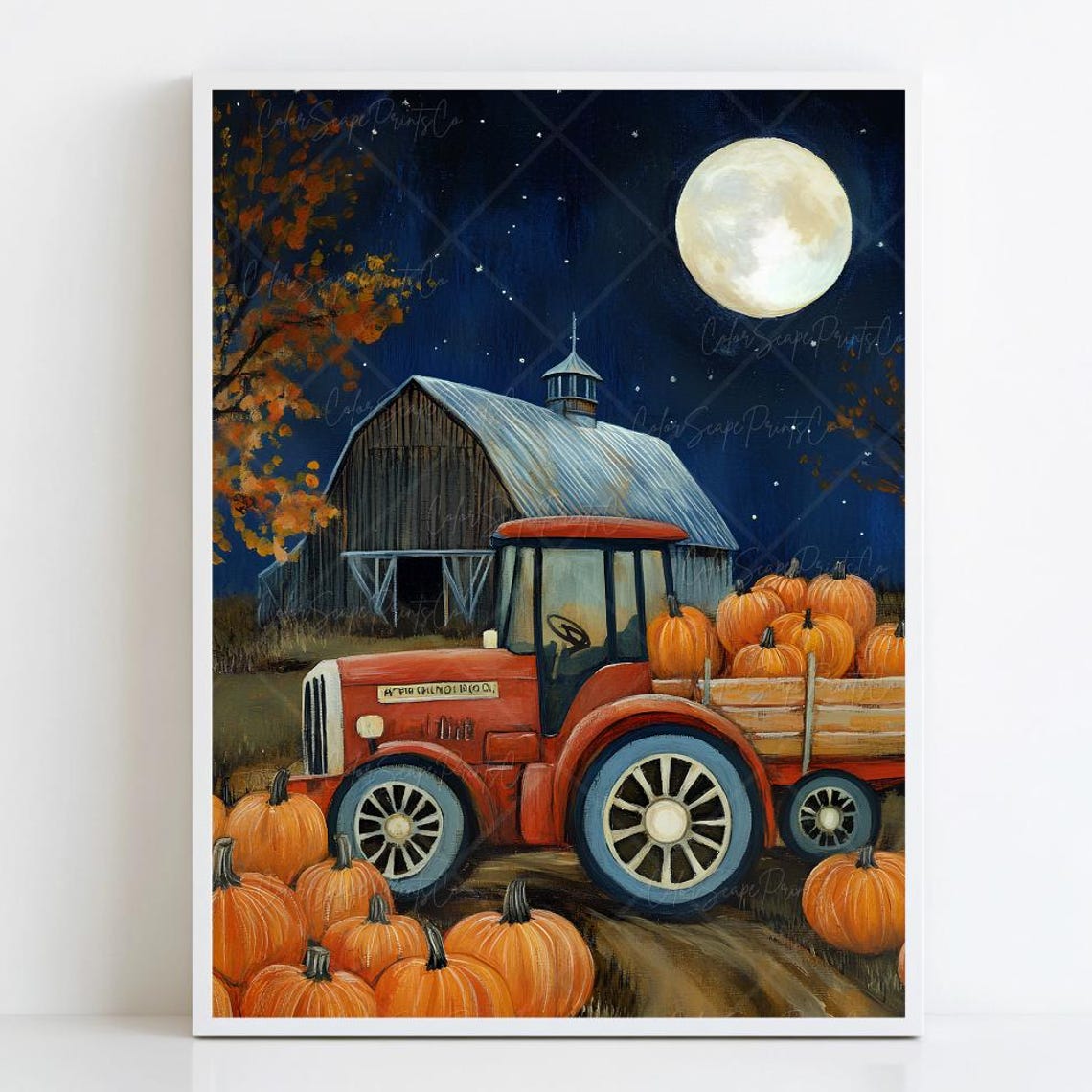Red Tractor With Pumpkin Wagon At Barn Under Starry Night Poster