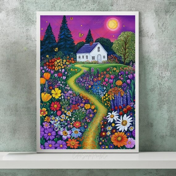 Colorful House Print Moonlit Scene Night Village Painting Enchanted Landscape Painting Moon And Stars Mountain Scenery Whimsical Landscape