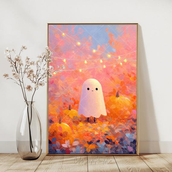 Cute In Pumpkin Field Wall Art Pastel Autumn Fall Pinkoween Adorable Halloween With Pumpkins