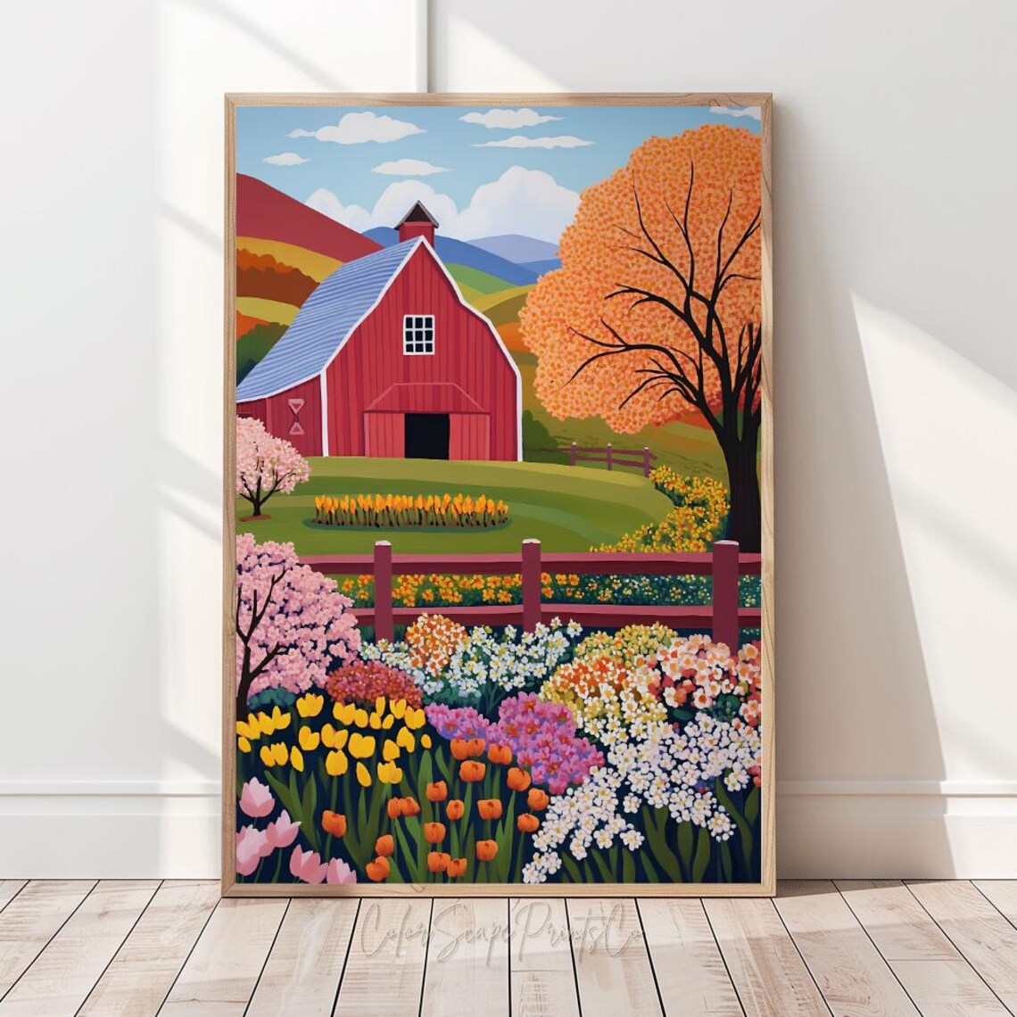 Red Barn Flower Farm Poster Colorful Countryside Summer Landscape Art