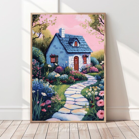 Blue Stone Cottage With Flower Garden Path Sunset Summer Poster