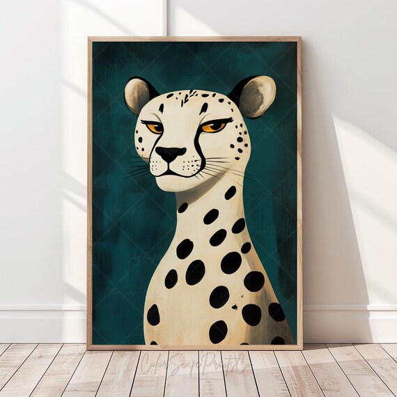 White Cheetah Portrait Poster Moody Green Funny Big Cat Jungle Art