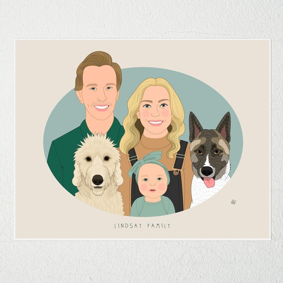 Mothers Day Gift Funny Custom Family Portrait With Pets Modern Personalized Family Portrait Illustration From Photo Unique Gift For Her