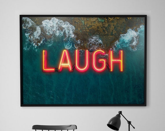 Laugh Neon Ocean Print Sign Art Poster Beach Typography Abstract Surfer Wall