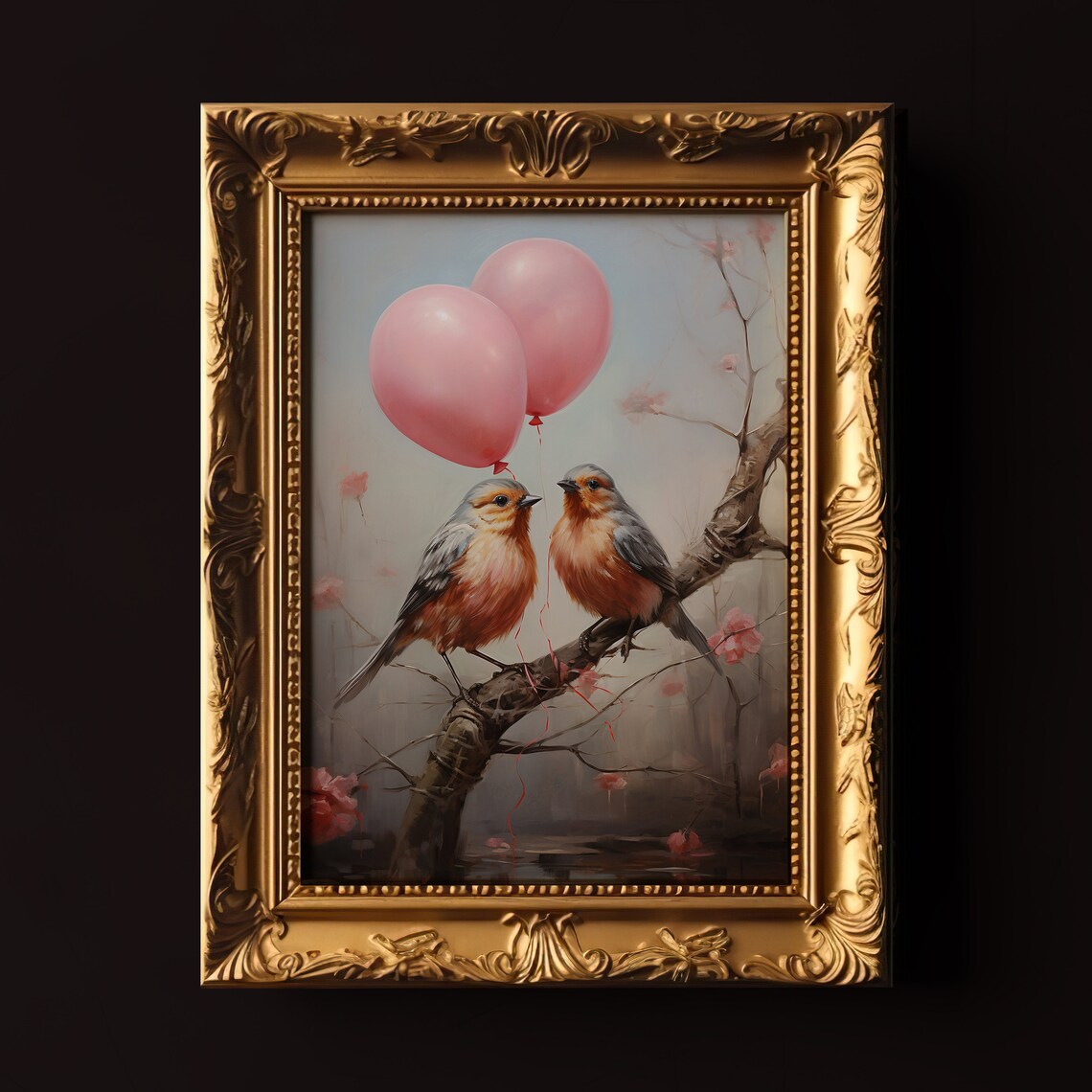 Two Lovebirds With Pink Balloons Branch Vintage Valentine Print