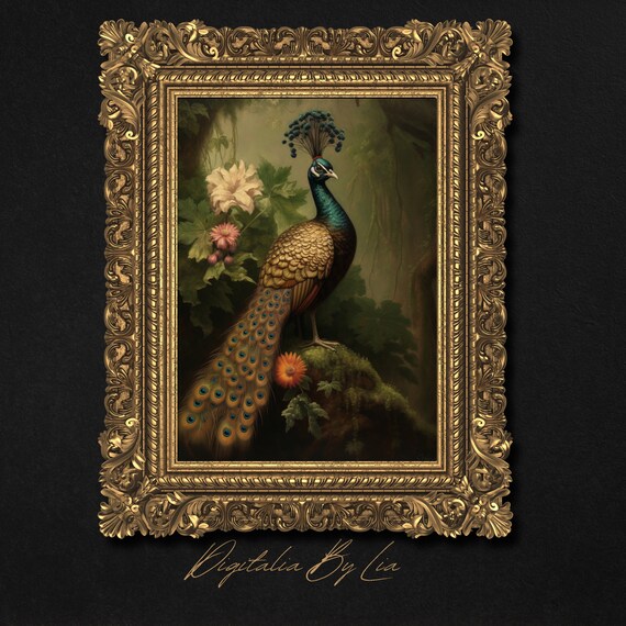 Moody Floral Peacock Wall Art Whimsigoth Fall Decor Victorian Forest Animal Oil Painting Dark Cottagecore Art