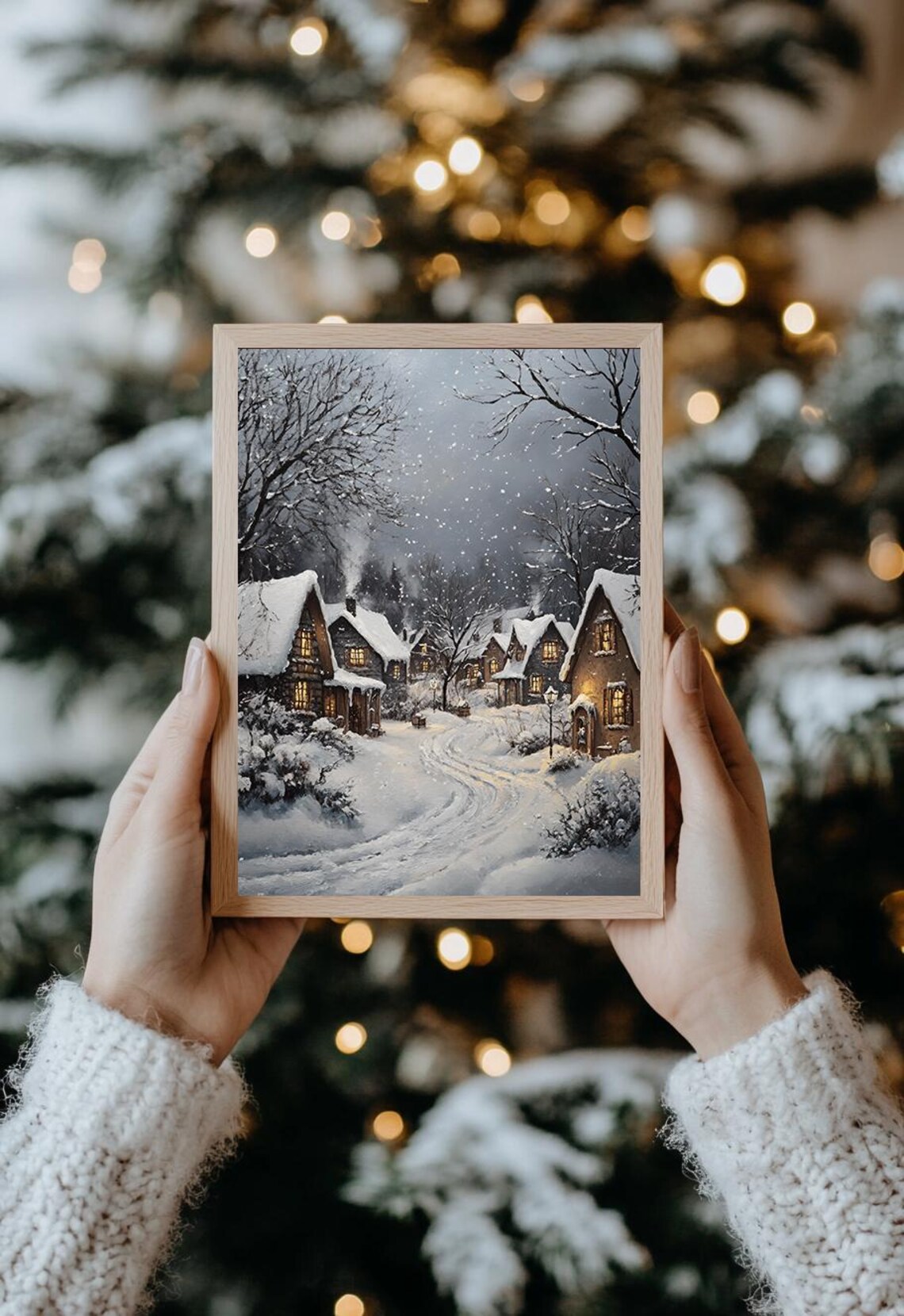 Snowy Village Cottages Glowing Windows Cozy Winter Night Print - Image 4