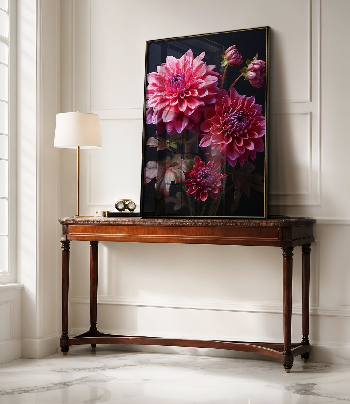 Pink Dahlia Blooms Dark Background Moody Lush Crimson Floral Print - Image 2