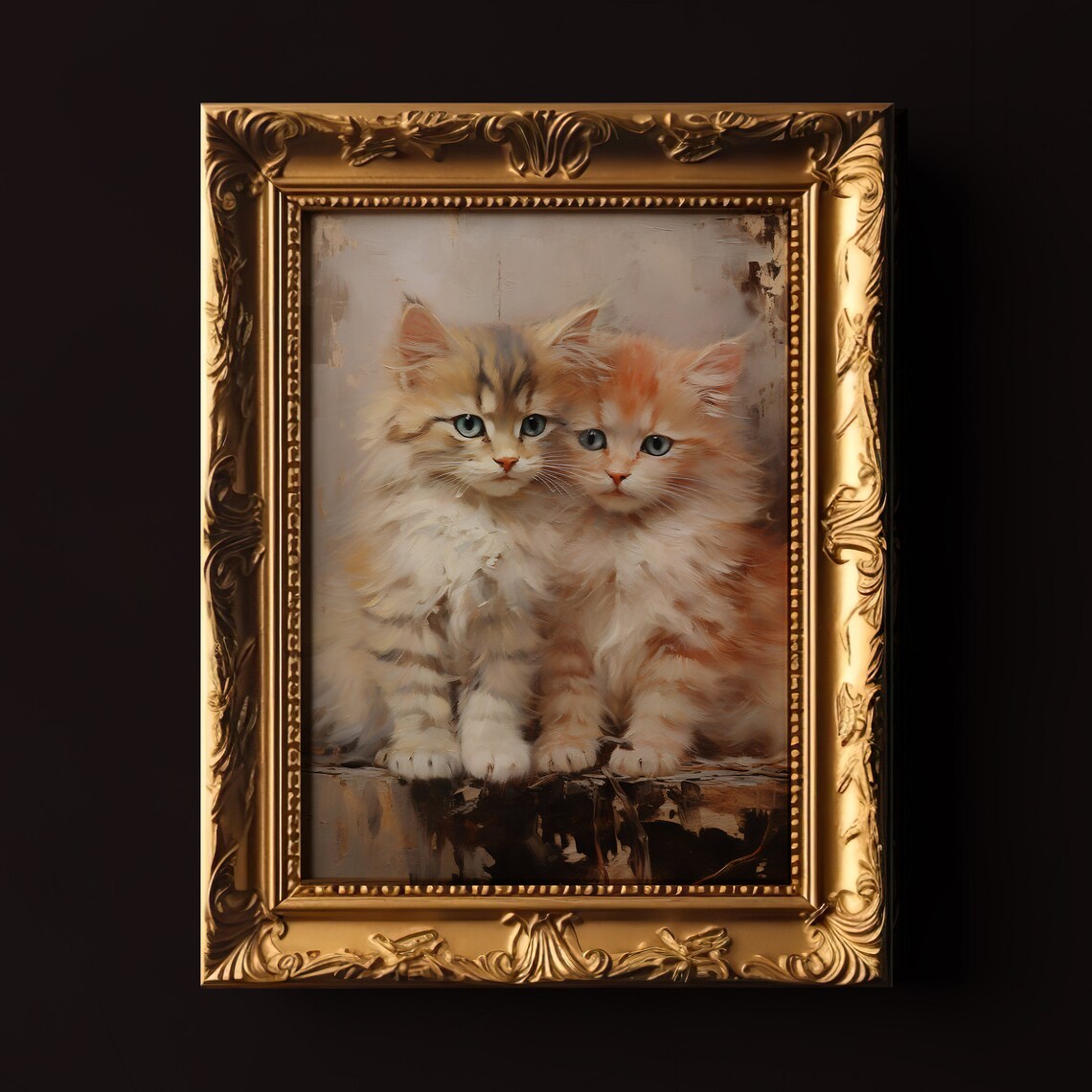 Fluffy Kitten Pair With Blue Eyes Vintage Style Animal Art Poster