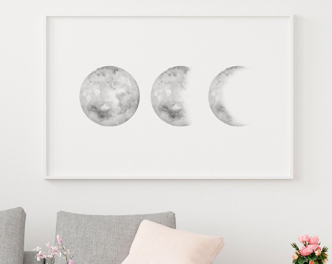 Moon Phases Watercolor Gray Lunar Cycle Minimalist Art Poster - Image 4