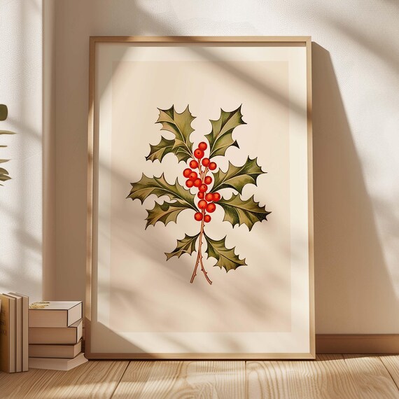 Holly Sprig With Red Berries Vintage Botanical Christmas Poster