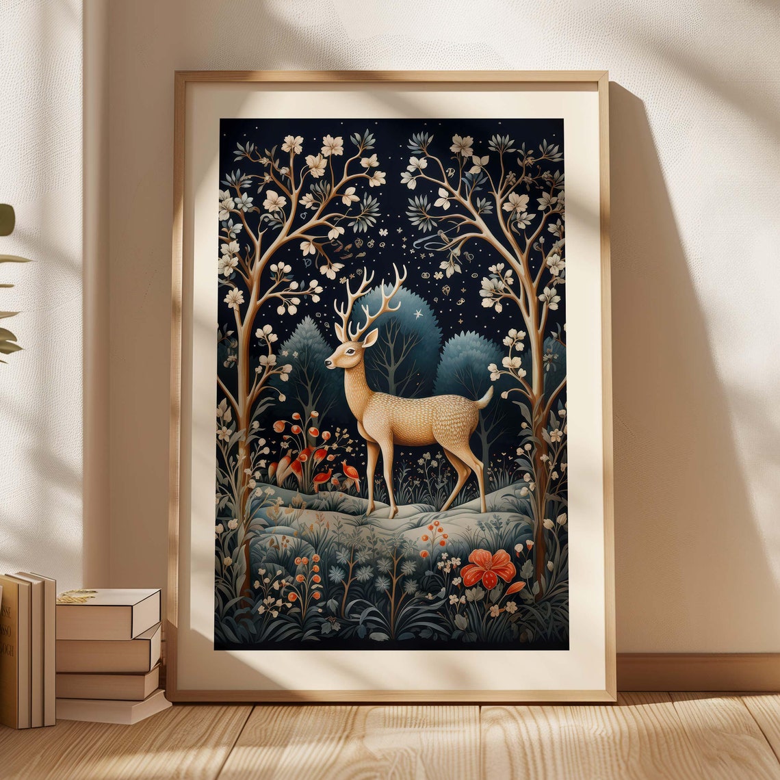 Golden Deer In A Winter Forest William Morris Style Christmas Poster - Image 3